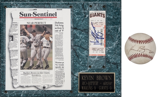 Lot of (2) Kevin Brown Signed ONL Coleman Game Ball & Ticket Display From No Hitter Game On 6/10/97 (JSA)